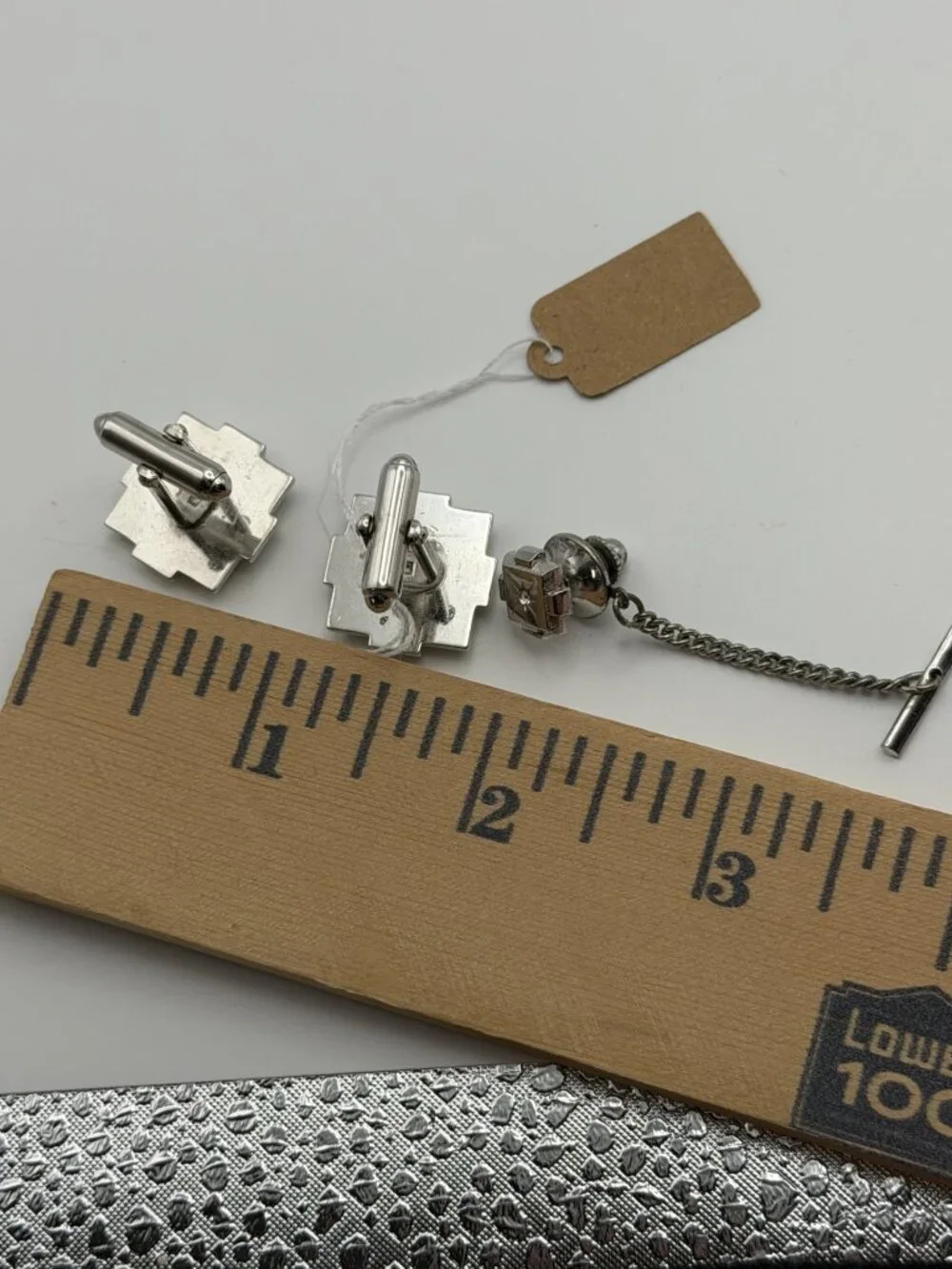 Vintage Silver Cufflinks and Tie Tack Set Starburst Design